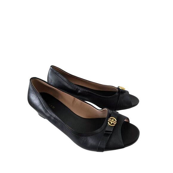 Cole Haan Peep Toe Leather Wedge Size 8.5B Black Logo Padded Footbed - Picture 3 of 8